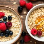 Overhead shot of two bowls of oatmeal, one with rolled oats showing creamy texture, one with old fashioned oats showing chewy texture, styled on wooden table with fresh berries and honey drizzle
