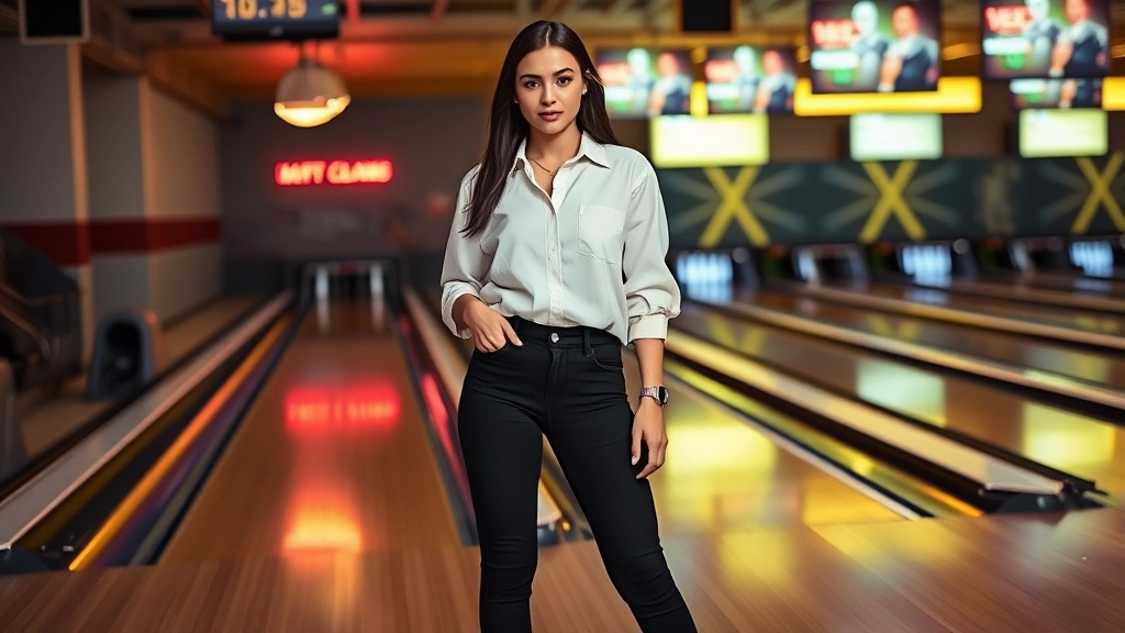 Young woman in white sneakers, fitted black jeans, oversized cream button-up shirt, standing in modern bowling alley with neon lighting in background, confident pose, natural lighting on face, casual cool aesthetic