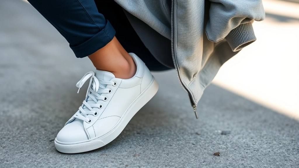 Detail shot of coordinated outfit: clean white leather sneakers, navy joggers, soft gray oversized sweatshirt, lightweight bomber jacket draped over shoulder, close-up showing texture and fabric quality, bright natural light