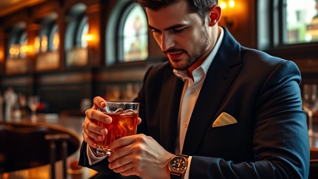 Well-dressed man in navy blazer and crisp white dress shirt enjoying an Old Fashioned cocktail in an upscale bar with warm amber lighting, sophisticated and refined atmosphere, focus on tailored clothing details and drink presentation