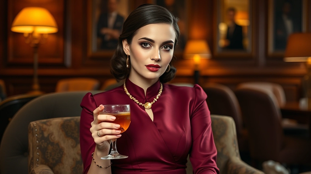 Elegant woman in burgundy tailored dress with gold jewelry holding an Old Fashioned, vintage-inspired styling with polished hair and makeup, sitting in sophisticated lounge setting with warm wooden furnishings and dim lighting