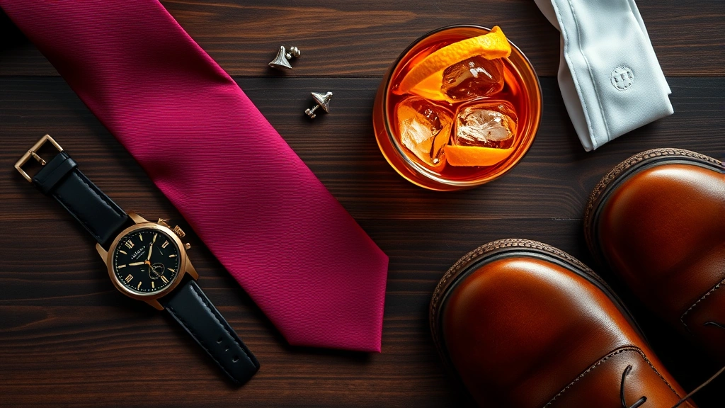 Overhead flat lay composition featuring Old Fashioned cocktail glass with ice and orange peel, quality leather watch, silk tie in deep burgundy, cufflinks, and polished dress shoes arranged on dark wooden surface with warm lighting