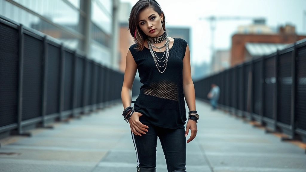 Young person wearing black fitted band t-shirt layered under oversized mesh tank, black skinny jeans with side stripes, chunky black platform boots, multiple silver chain necklaces, side-swept dark hair with colored streaks, dramatic dark eyeliner, standing confidently against urban backdrop, moody lighting