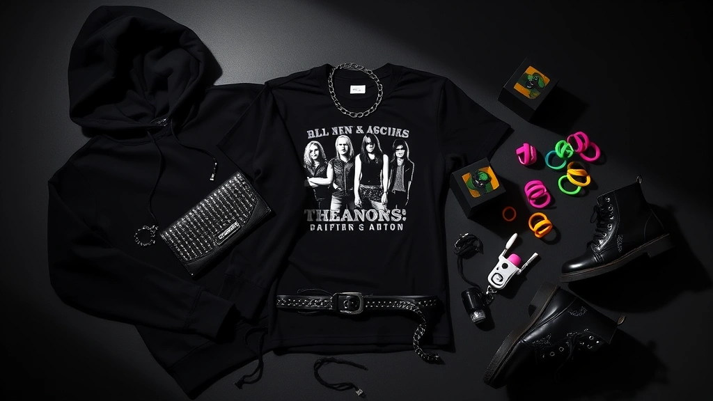 Flat lay styling scene fashion essentials: black hoodie, graphic band tee, studded belt, chain wallet, fingerless gloves, colorful hair clips, black combat boots, neon accessories arranged artistically on dark surface with dramatic shadows