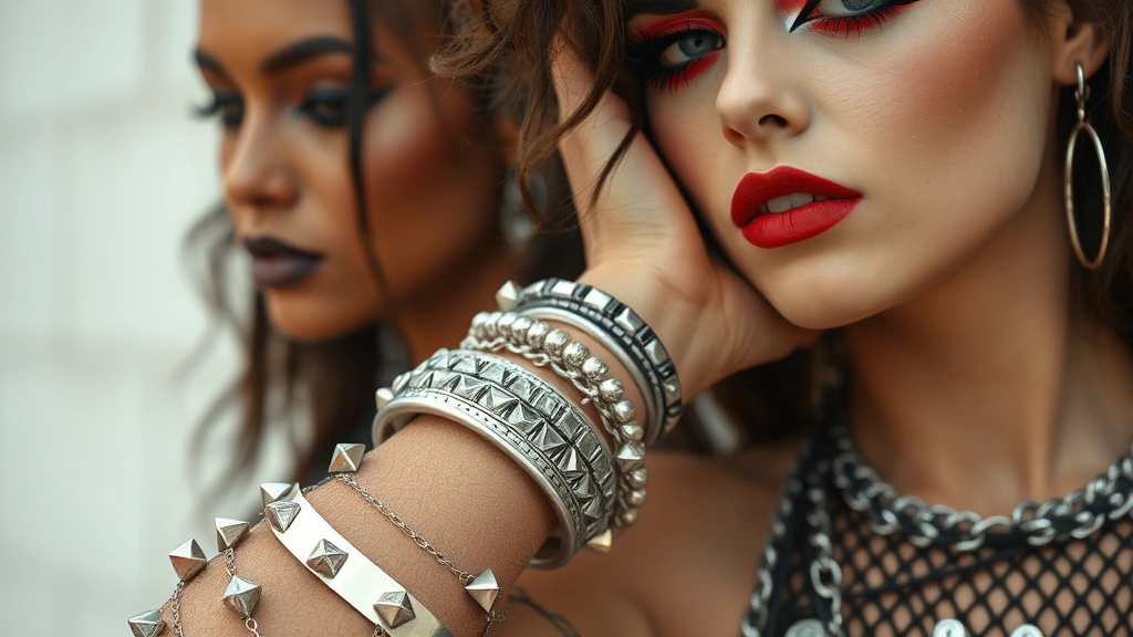 Close-up of scene fashion styling details: layered chains, studded armbands, mesh fabric texture, bold geometric patterns on clothing, silver hardware accents, vibrant makeup with graphic eyeliner designs, demonstrating texture and color coordination techniques