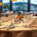 Elegant fine dining table setup with white linens, crystal glassware, and place settings at an upscale Scottsdale steakhouse, warm ambient lighting reflecting off polished surfaces, sophisticated ambiance