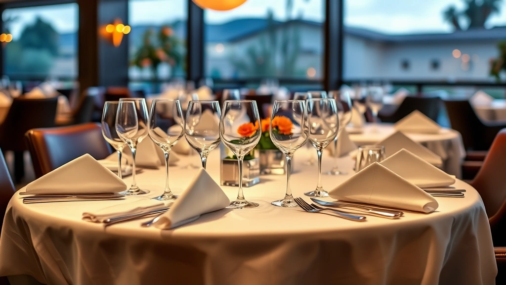 Elegant fine dining table setup with white linens, crystal glassware, and place settings at an upscale Scottsdale steakhouse, warm ambient lighting reflecting off polished surfaces, sophisticated ambiance