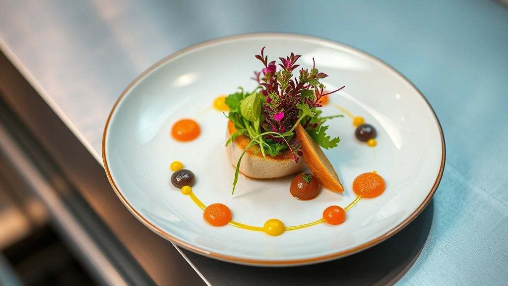Contemporary plated dish featuring artistic food presentation with colorful microgreens, geometric arrangement, and elegant ceramic plate, professional restaurant kitchen aesthetic, Instagram-worthy culinary composition