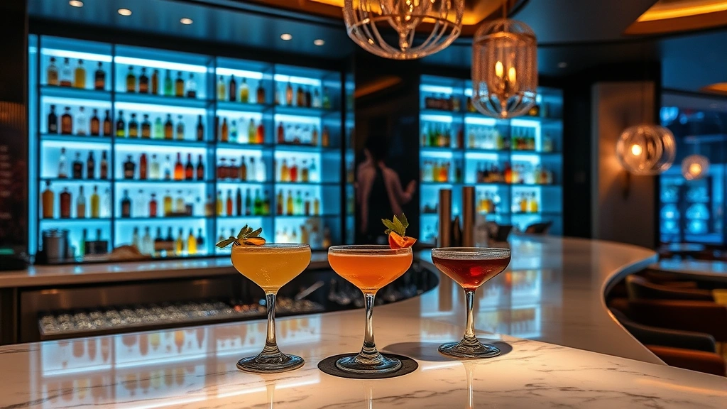 Stylish cocktail bar interior with modern design elements, backlit shelving displaying premium spirits, craft cocktails with artistic garnishes on marble countertop, sophisticated lounge atmosphere with ambient lighting