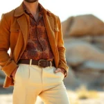 Man wearing cream-colored wide-leg trousers with a patterned orange and brown disco collar shirt, layered with a caramel suede jacket, standing confidently in natural sunlight, vintage seventies aesthetic, photorealistic, warm earth tones