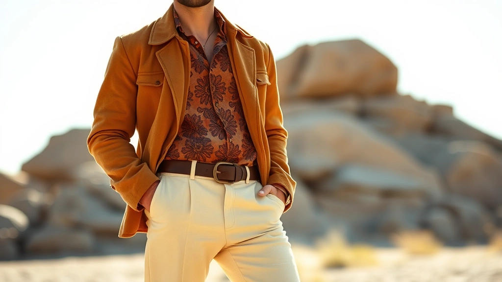 Man wearing cream-colored wide-leg trousers with a patterned orange and brown disco collar shirt, layered with a caramel suede jacket, standing confidently in natural sunlight, vintage seventies aesthetic, photorealistic, warm earth tones