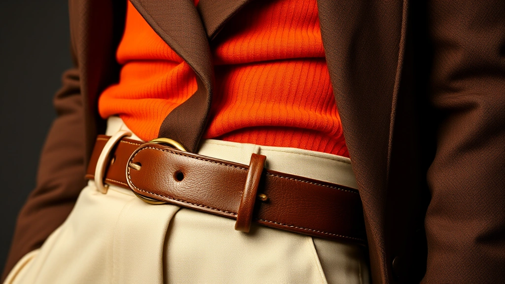 Detailed close-up of a 1970s inspired outfit: burnt orange turtleneck under a chocolate brown wide-lapel blazer, quality leather belt with brass buckle, tailored wide-leg trousers in cream, professional lighting, fabric textures visible, seventies sophistication