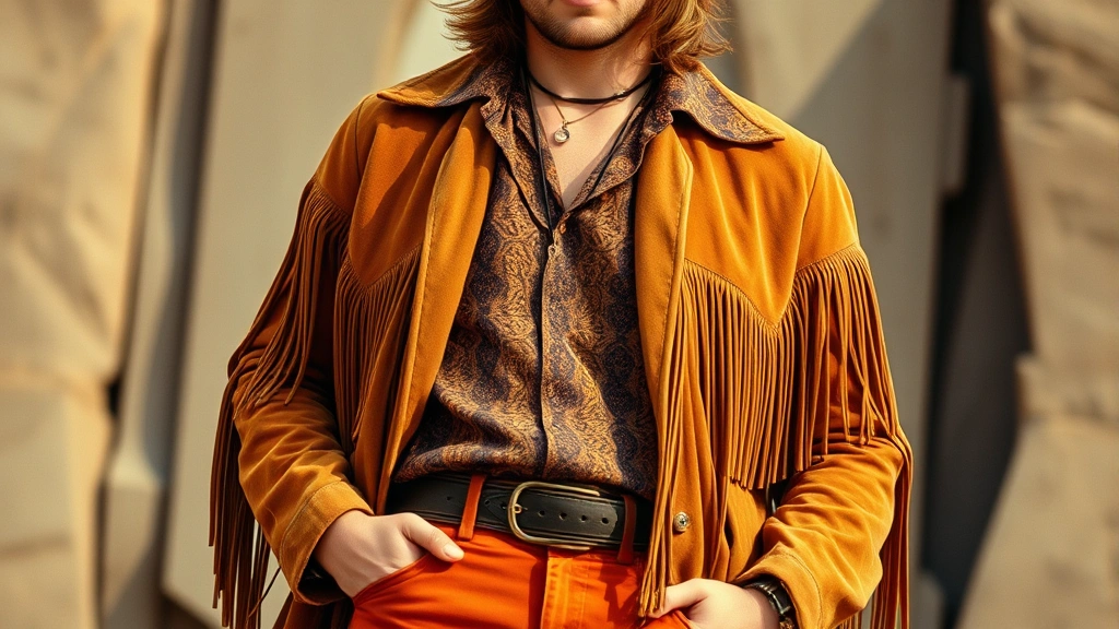 Man in bohemian seventies style: earth-tone patterned shirt with wide collar, rust-colored flared jeans, suede fringe jacket, layered with simple pendant necklace, casual pose suggesting individuality and free spirit, warm vintage color palette, photorealistic detail