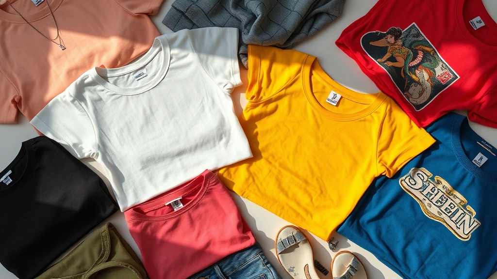 Overhead flat lay of colorful Shein clothing items including crop tops, printed tees, and trendy pieces arranged artfully with natural lighting, showing texture and fabric details
