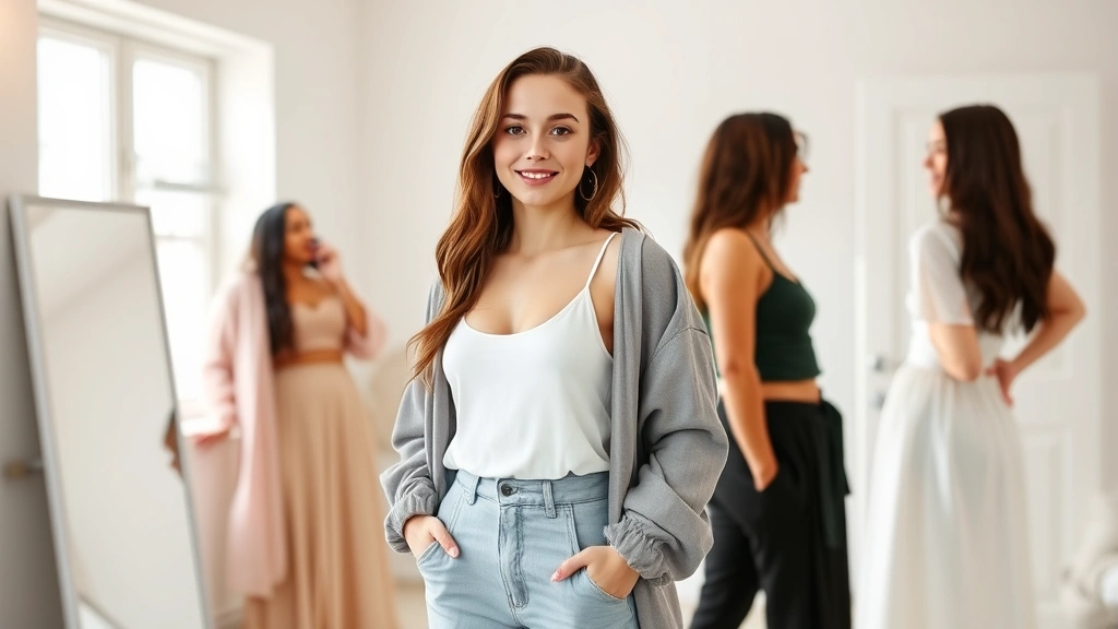 Young woman trying on various Shein outfits in a bright bedroom, showing different silhouettes and styles being tested, natural window light, confident expression