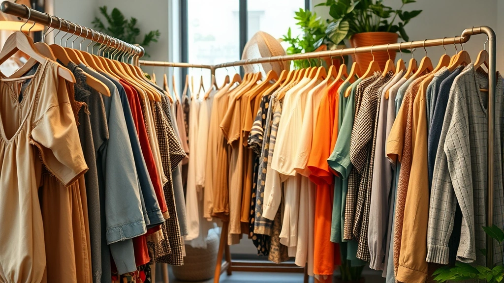 Sustainable fashion concept: eco-friendly thrift store clothing racks with vintage pieces, natural fabrics, quality garments displayed professionally, warm lighting