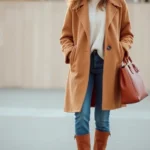 Woman wearing camel wool coat over cream cashmere sweater and medium-wash straight-leg denim, styled with cognac leather ankle boots and structured leather handbag, autumn golden hour lighting, neutral background