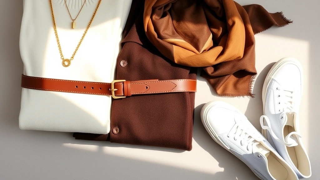 Flat lay composition: folded cashmere sweaters in cream and chocolate brown, structured leather belt, vintage gold chain jewelry, silk scarf with earth tones, white minimalist sneakers, natural morning light