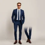 Well-fitted mod suit in navy blue with narrow lapels, slim-fit trousers, and white dress shirt with narrow tie, styled with Chelsea boots and sunglasses, standing against neutral background, clean professional menswear photography