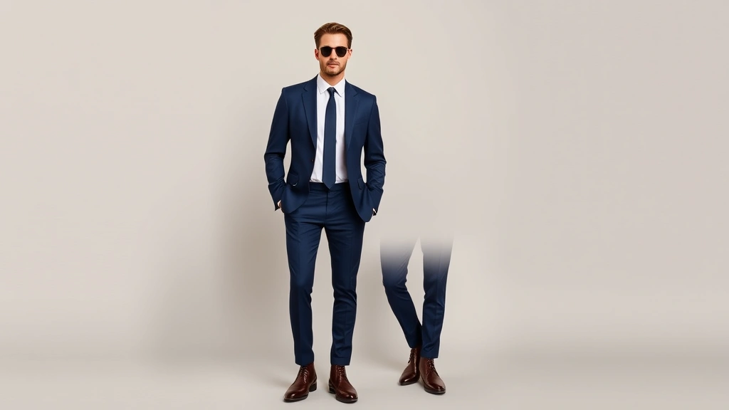 Well-fitted mod suit in navy blue with narrow lapels, slim-fit trousers, and white dress shirt with narrow tie, styled with Chelsea boots and sunglasses, standing against neutral background, clean professional menswear photography
