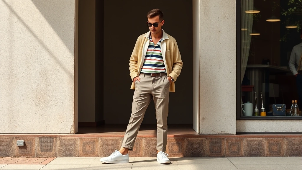 Vintage-inspired sixties casual outfit featuring striped shirt, lightweight cardigan, tapered trousers, and canvas sneakers, styled with period-appropriate accessories and natural lighting, authentic retro menswear aesthetic
