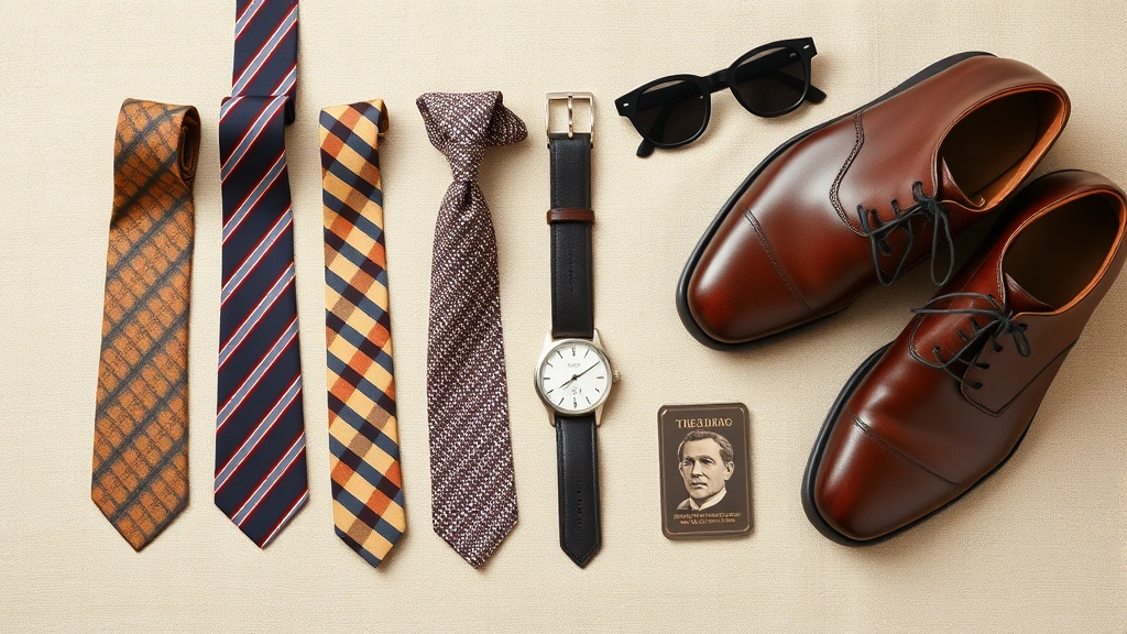 Flat lay of sixties menswear essentials including narrow ties in various patterns, leather belt, vintage watch with simple face, sunglasses, and leather dress shoes arranged artfully on neutral fabric background