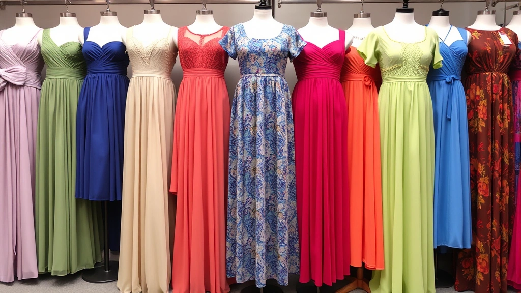 Multiple colorful and diverse dress styles displayed on dress forms or hanging displays, featuring various lengths, colors, and designs representing different occasions and seasons