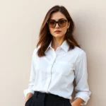 Woman wearing oversized smoked glasses with a crisp white button-down shirt and tailored black trousers, standing against a neutral beige wall, professional minimalist styling, natural daylight, confident pose