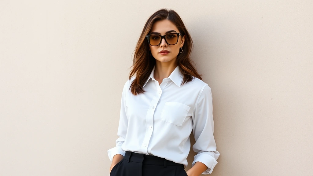 Woman wearing oversized smoked glasses with a crisp white button-down shirt and tailored black trousers, standing against a neutral beige wall, professional minimalist styling, natural daylight, confident pose