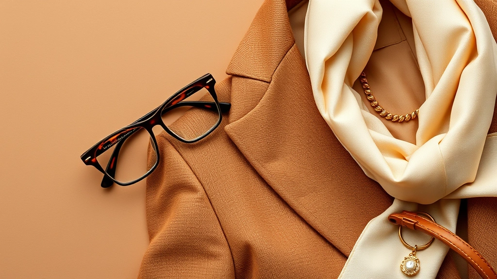 Fashion flat lay featuring smoked glasses with tortoiseshell frames next to a camel-colored wool blazer, cream silk scarf, and gold jewelry on a warm neutral background, editorial style