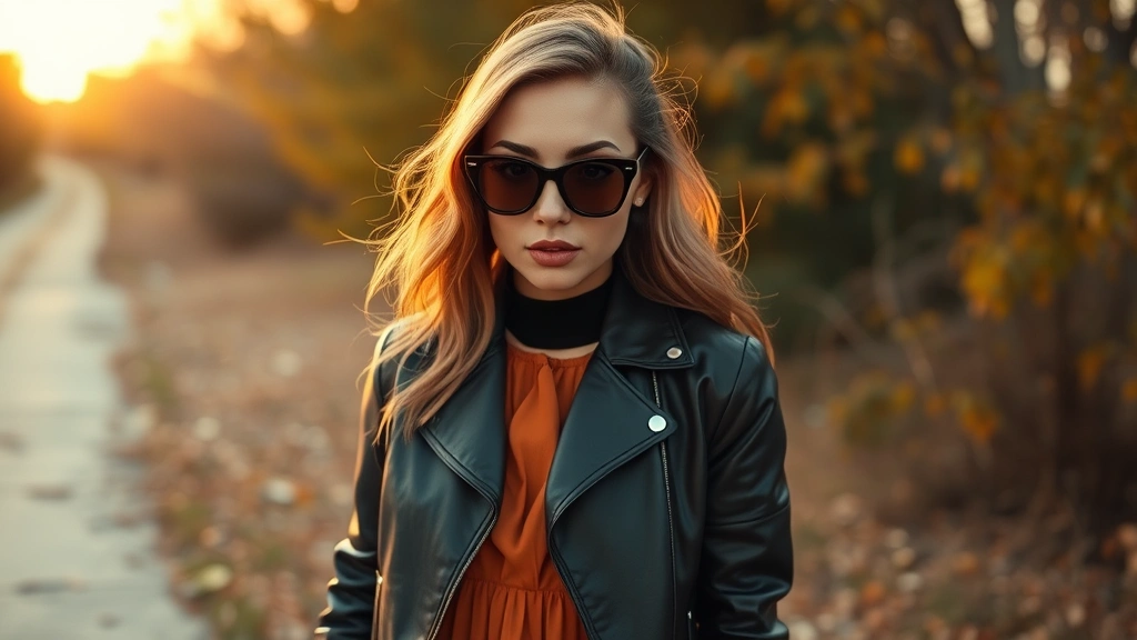 Person wearing cat-eye smoked glasses with a vintage-inspired 1970s maxi dress in earth tones, leather jacket, and platform boots, outdoor autumn setting with golden hour lighting, retro-modern aesthetic