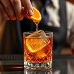 Professional mixologist carefully expressing orange peel oils over a crystal rocks glass filled with large clear ice cube and amber whiskey, warm golden lighting, bar setting