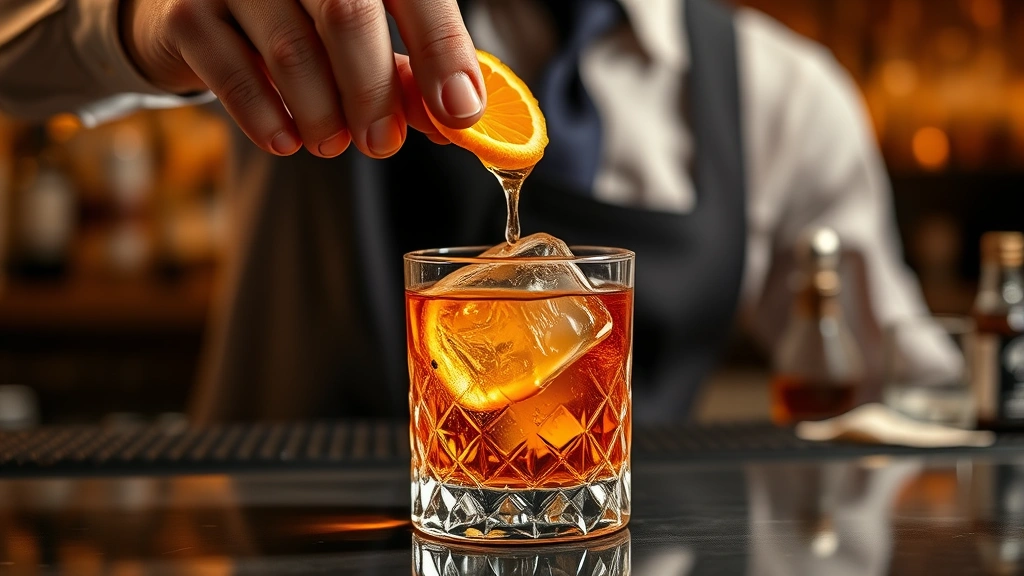 Professional mixologist carefully expressing orange peel oils over a crystal rocks glass filled with large clear ice cube and amber whiskey, warm golden lighting, bar setting