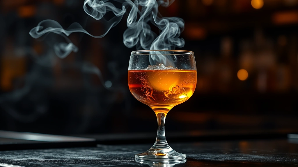Aromatic smoke billowing around a premium whiskey cocktail in elegant glassware, dramatic atmospheric lighting, sophisticated bar aesthetic, close-up detail