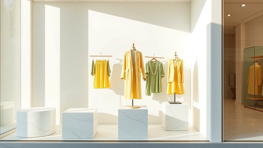 Fashion boutique spring window display featuring butter yellow and sage green clothing on elegant white marble pedestals, natural daylight, minimalist aesthetic, luxury retail setting