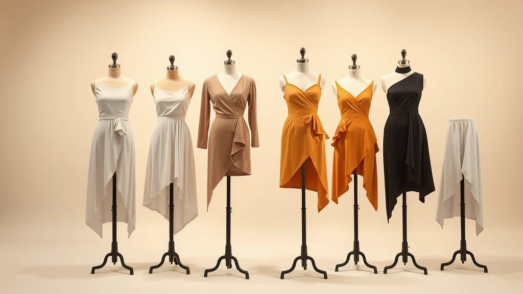 Designer spring collection showcase with asymmetrical hemlines and structured silhouettes on dress forms, soft diffused lighting, cream background, high-end fashion photography