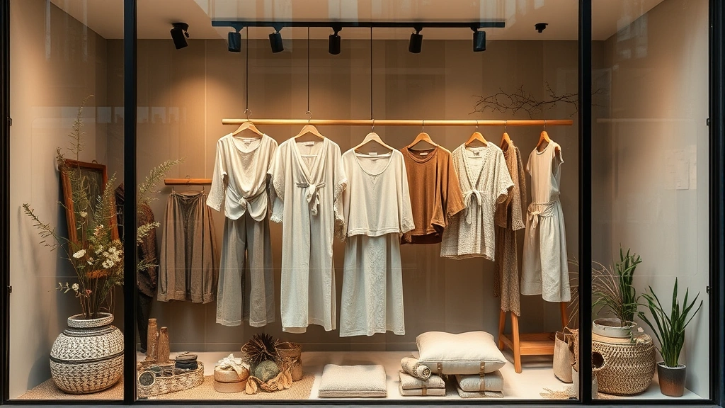 Sustainable fashion window display featuring organic linen garments and recycled materials, earth-toned color palette, natural textures, artistic retail installation, contemporary boutique
