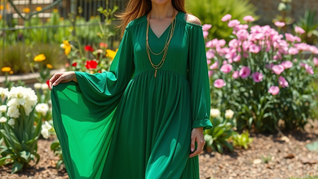 Woman wearing emerald green flowing maxi dress with gold layered necklaces, standing in spring garden with blooming flowers, natural sunlight, confident pose, minimalist styling
