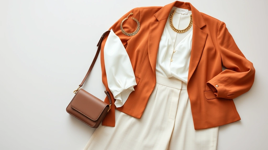 Flat lay of spring fashion essentials: structured linen blazer in terracotta, white silk camisole, wide-leg trousers, sustainable leather crossbody bag, chunky gold jewelry, neutral aesthetic