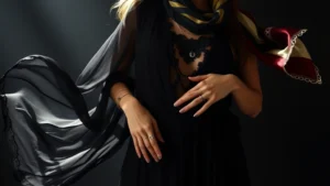 Woman wearing flowing black chiffon maxi dress with layered lace overlays, stacked silver rings, delicate chain necklaces, and a draped silk scarf in jewel tones, standing with ethereal grace in dramatic lighting