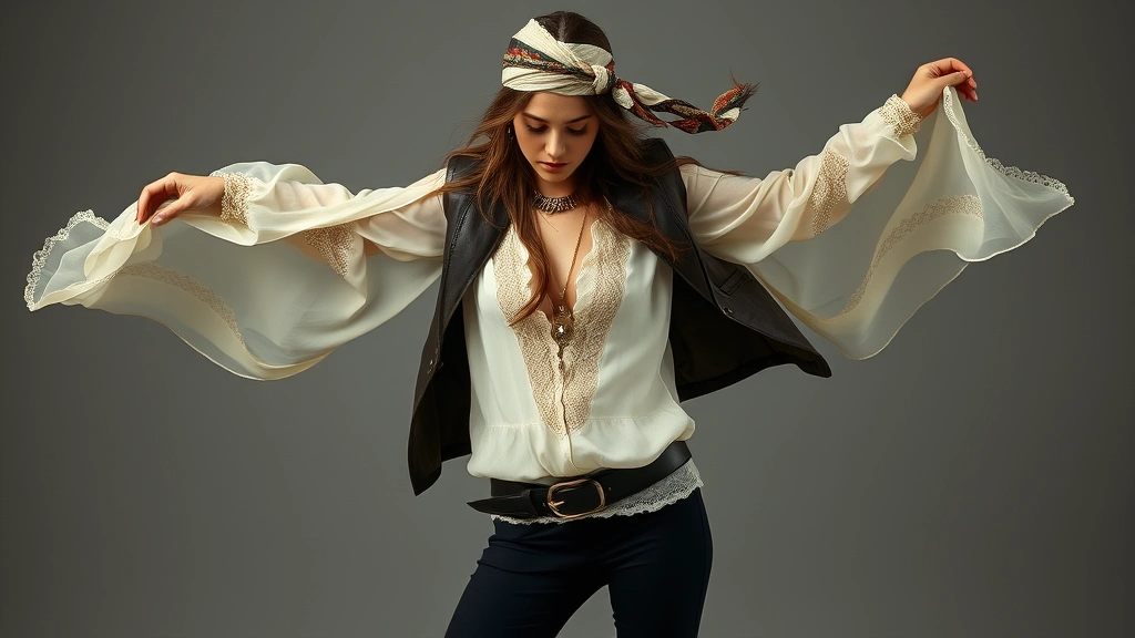 Woman in romantic bohemian ensemble featuring black fitted pants, flowing cream silk blouse with lace inserts, vintage leather jacket, layered gold and silver jewelry, and head scarf, posed mid-movement showing fabric flow
