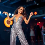 Woman in shimmering silver sequined jumpsuit with plunging neckline, towering platform heels, dancing under disco mirror ball lighting with confident expression, nightclub atmosphere