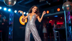 Woman in shimmering silver sequined jumpsuit with plunging neckline, towering platform heels, dancing under disco mirror ball lighting with confident expression, nightclub atmosphere