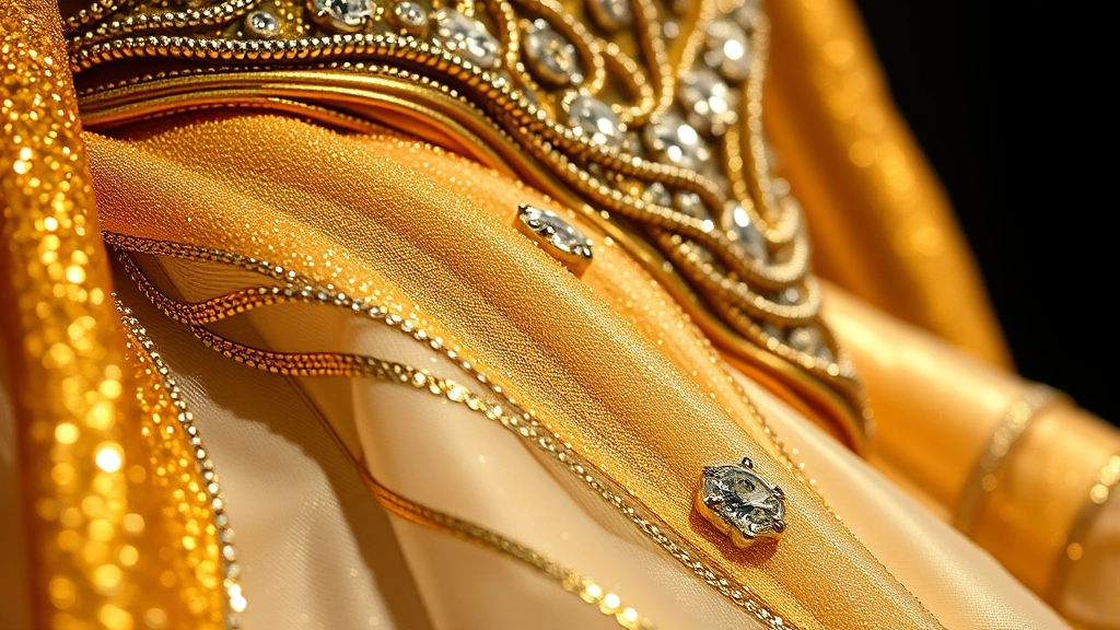 Close-up detail of gold and silver metallic fabrics, sequined textures, and rhinestone embellishments layered together, catching dramatic stage lighting with depth of field
