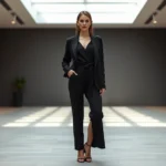 Elegant woman in minimalist black outfit standing confidently in modern gallery space, natural lighting, sophisticated posture, timeless style aesthetic