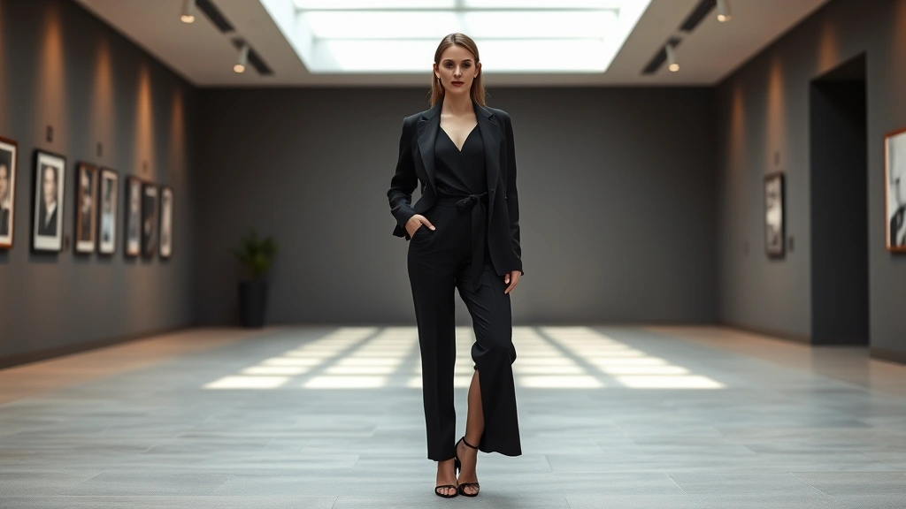 Elegant woman in minimalist black outfit standing confidently in modern gallery space, natural lighting, sophisticated posture, timeless style aesthetic