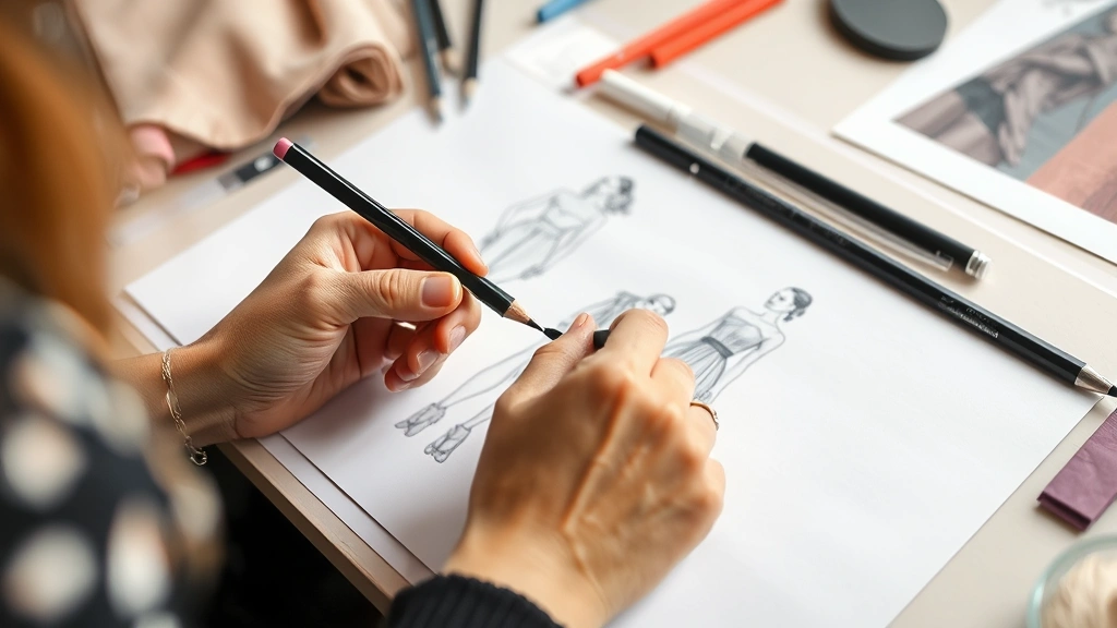 Close-up of designer sketching fashion illustration with colored pencils on white paper, creative workspace with fabric swatches, artistic fashion design process
