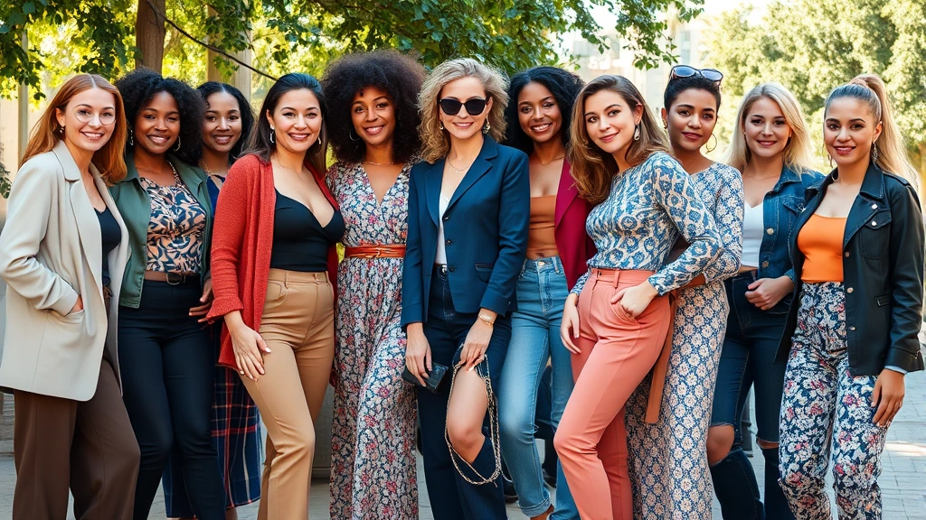Diverse group of stylish women in different fashion styles gathering together, varied clothing representing personal expression, vibrant natural lighting, empowered and confident poses