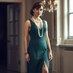 Woman wearing drop-waist beaded dress in emerald green with long pearls, T-strap heels, Art Deco jewelry, 1920s-inspired styling, indoor glamorous setting, natural lighting, confident pose