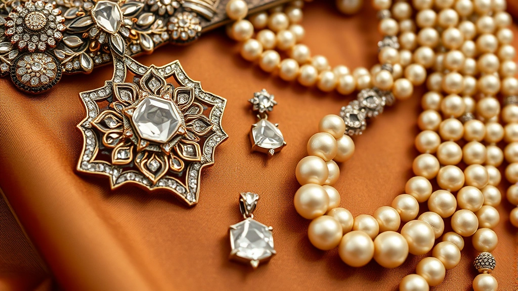 Close-up of vintage Art Deco jewelry including geometric brooch, layered pearl necklaces, jeweled headband, beaded clutch on luxurious fabric background, detailed craftsmanship visible
